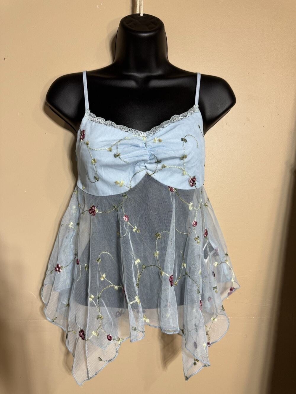 Y2k Inspire Fairy Top XS Embroidered Floral Babydoll Strappy Blue Fairycore